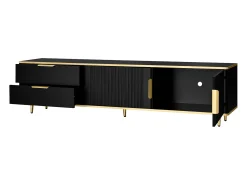 Suporte para TV com 2 portas e 2 gavetas - puxadores e pés dourados - Preto