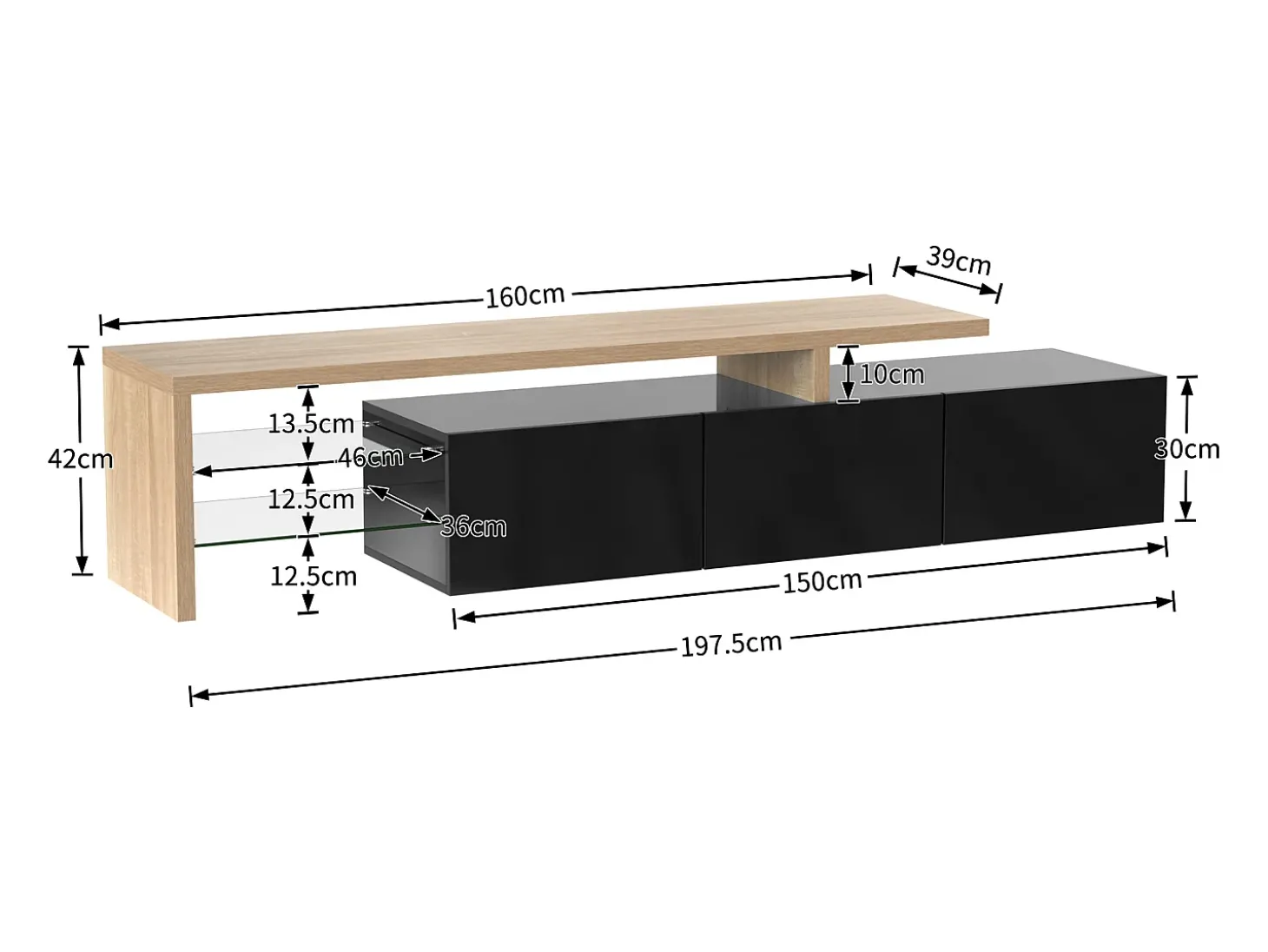 Suporte para TV com 3 portas, 2 prateleiras em vidro e iluminação LED - Acabamento em preto brilhante