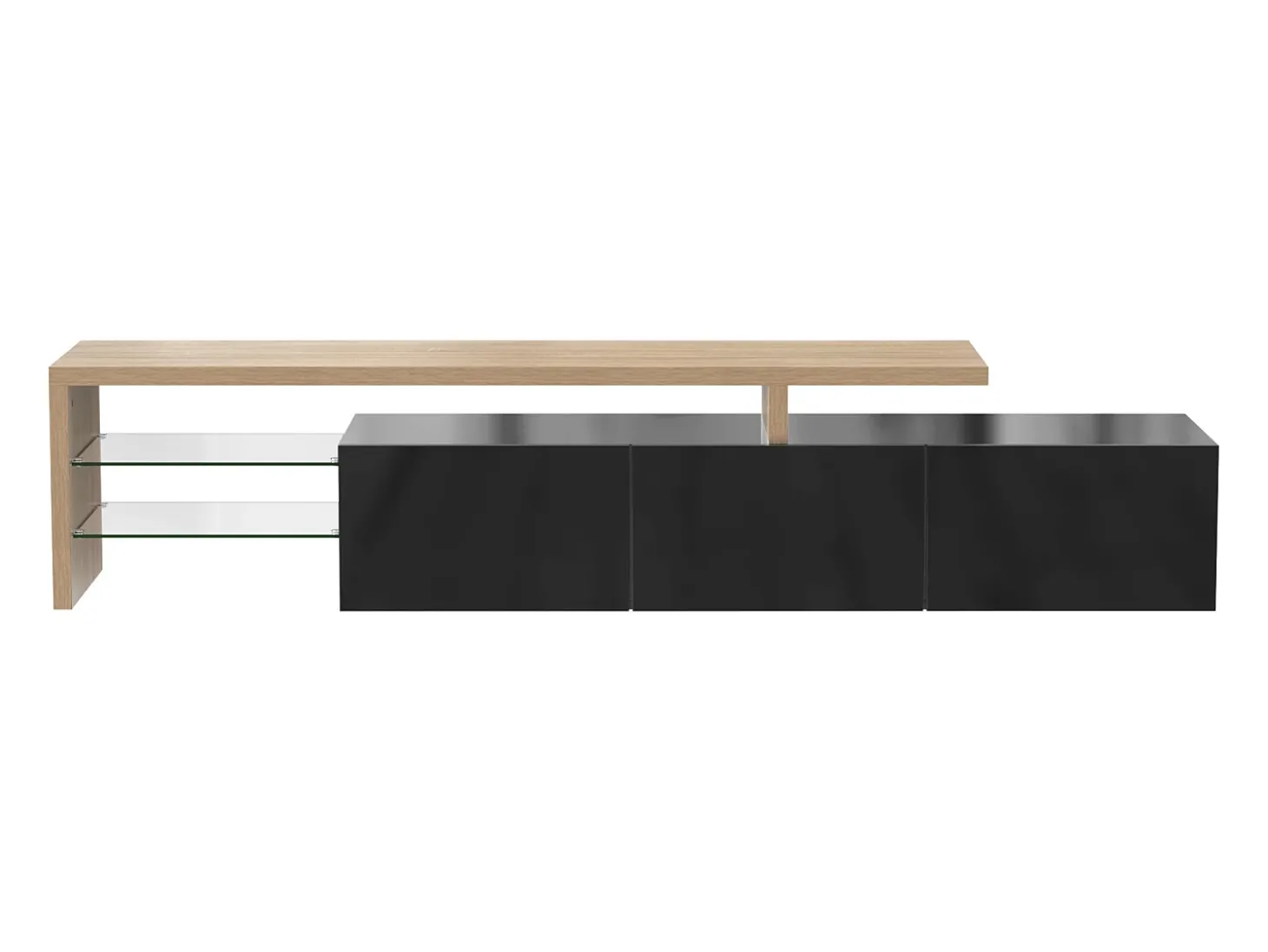 Suporte para TV com 3 portas, 2 prateleiras em vidro e iluminação LED - Acabamento em preto brilhante