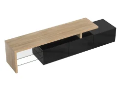 Suporte para TV com 3 portas, 2 prateleiras em vidro e iluminação LED - Acabamento em preto brilhante