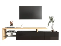 Suporte para TV com 3 portas, 2 prateleiras em vidro e iluminação LED - Acabamento em preto brilhante