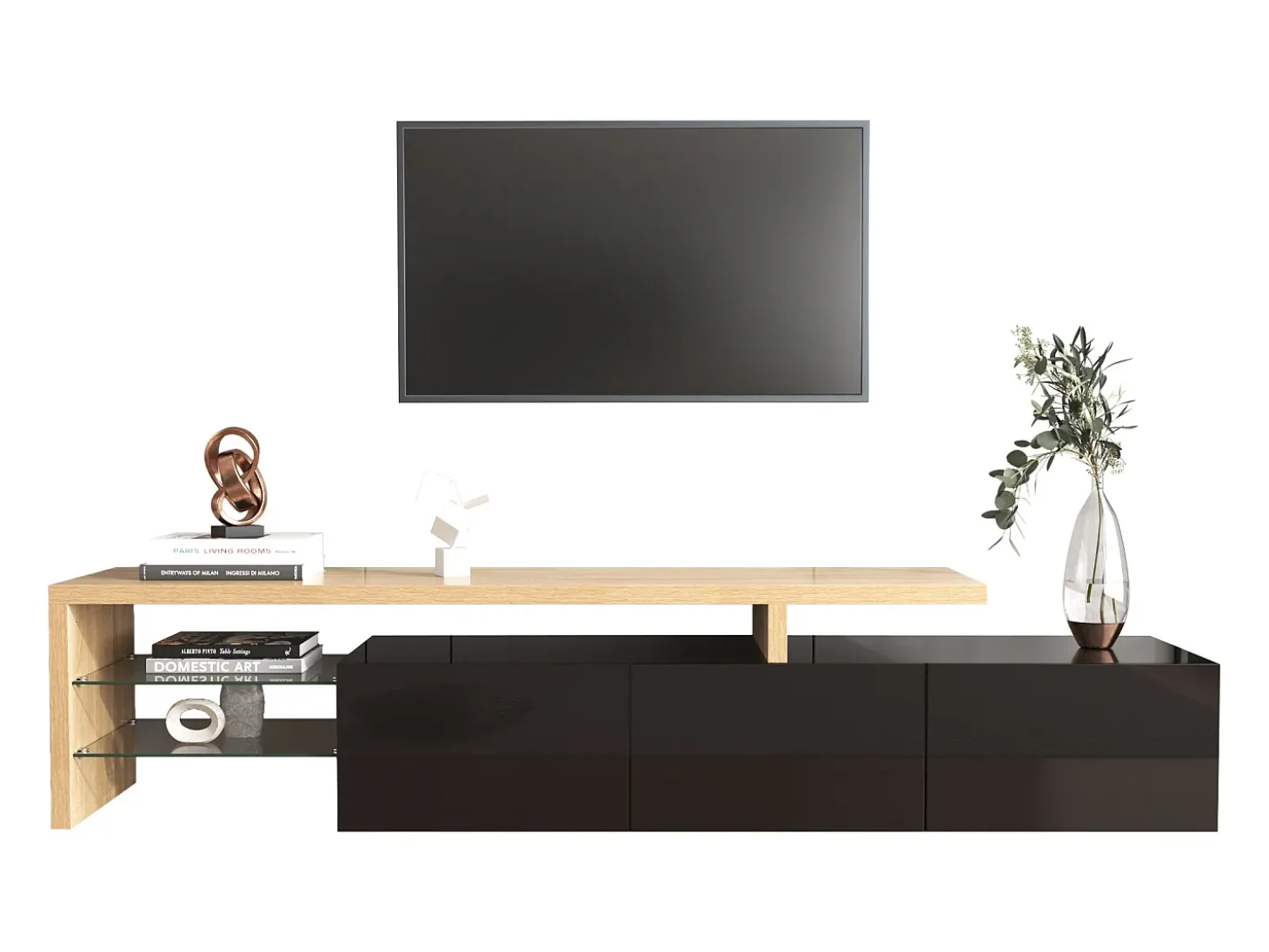 Suporte para TV com 3 portas, 2 prateleiras em vidro e iluminação LED - Acabamento em preto brilhante