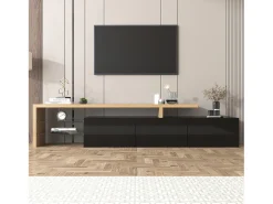 Suporte para TV com 3 portas, 2 prateleiras em vidro e iluminação LED - Acabamento em preto brilhante