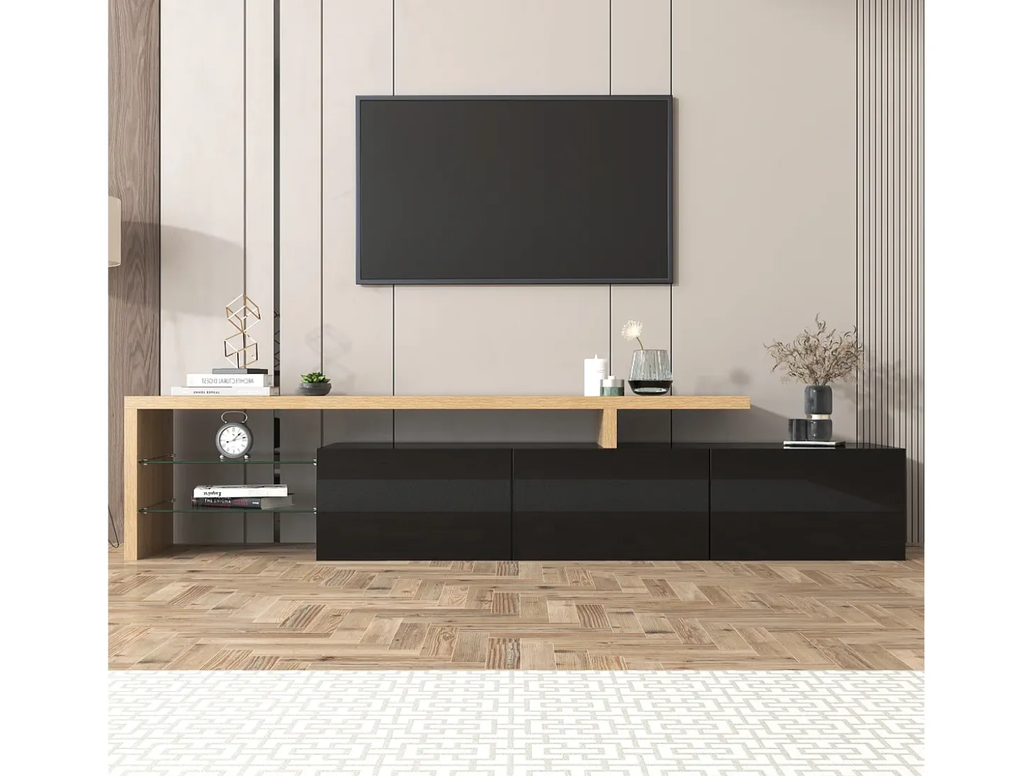 Suporte para TV com 3 portas, 2 prateleiras em vidro e iluminação LED - Acabamento em preto brilhante
