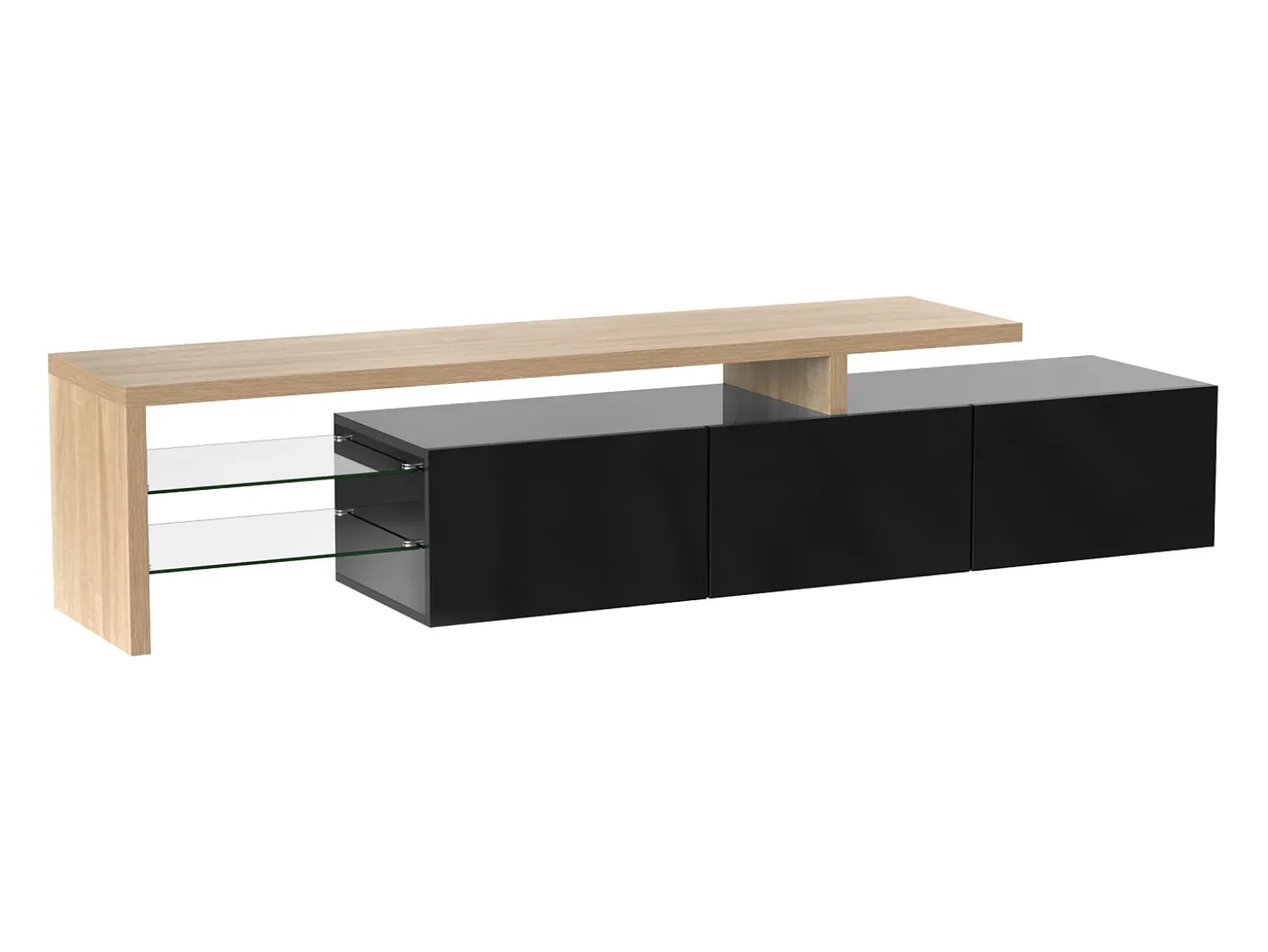 Suporte para TV com 3 portas, 2 prateleiras em vidro e iluminação LED - Acabamento em preto brilhante