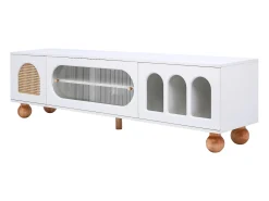 Suporte para TV com 2 portas - Pés redondos em madeira - Branco