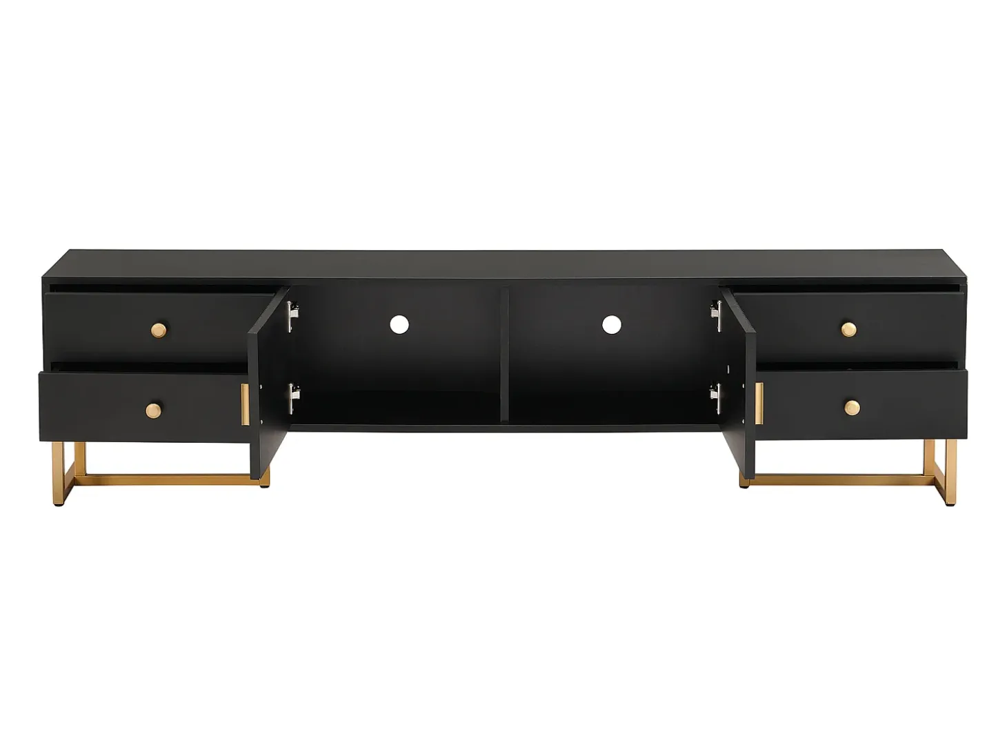 Suporte para TV com 2 portas e 4 gavetas - Pés em metal dourado - Preto
