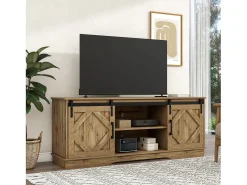 Suporte para TV com 2 portas de correr - acabamento em folheado de madeira - Madeira