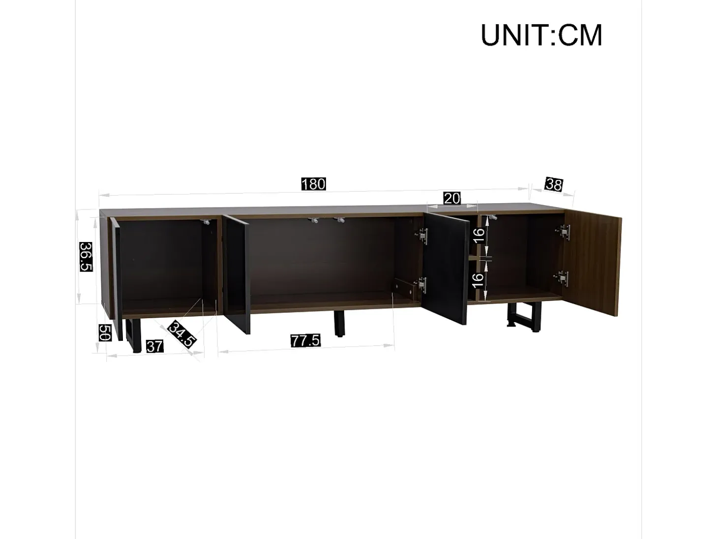 Suporte para TV com 4 portas - Acabamento em preto brilhante - Cor da madeira 180 x 38 x 50 cm