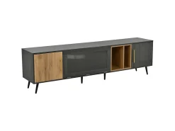 Suporte para TV com 3 portas - Porta de vidro - Acabamento em madeira cinza