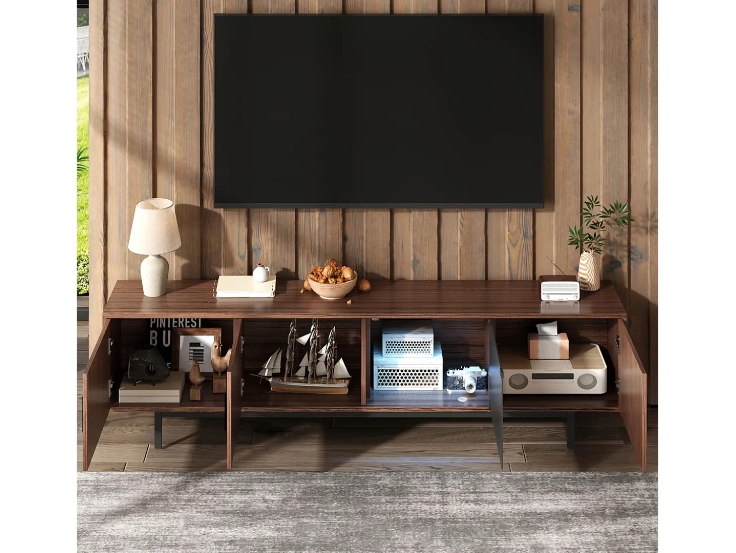 Suporte para TV com 4 portas e iluminação LED - Madeira MDF e vidro - Castanho