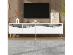 Suporte para TV com 4 portas em vidro, luzes LED, pés em metal, cor branca.