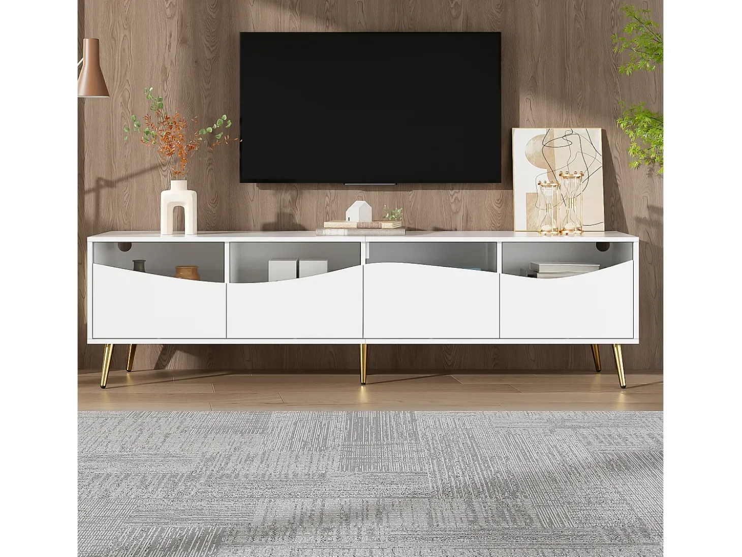 Suporte para TV com 4 portas em vidro, luzes LED, pés em metal, cor branca.