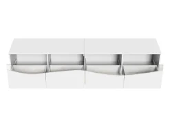 Suporte para TV com 4 portas em vidro, luzes LED, pés em metal, cor branca.