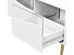 Suporte para TV com 4 portas em vidro, luzes LED, pés em metal, cor branca.