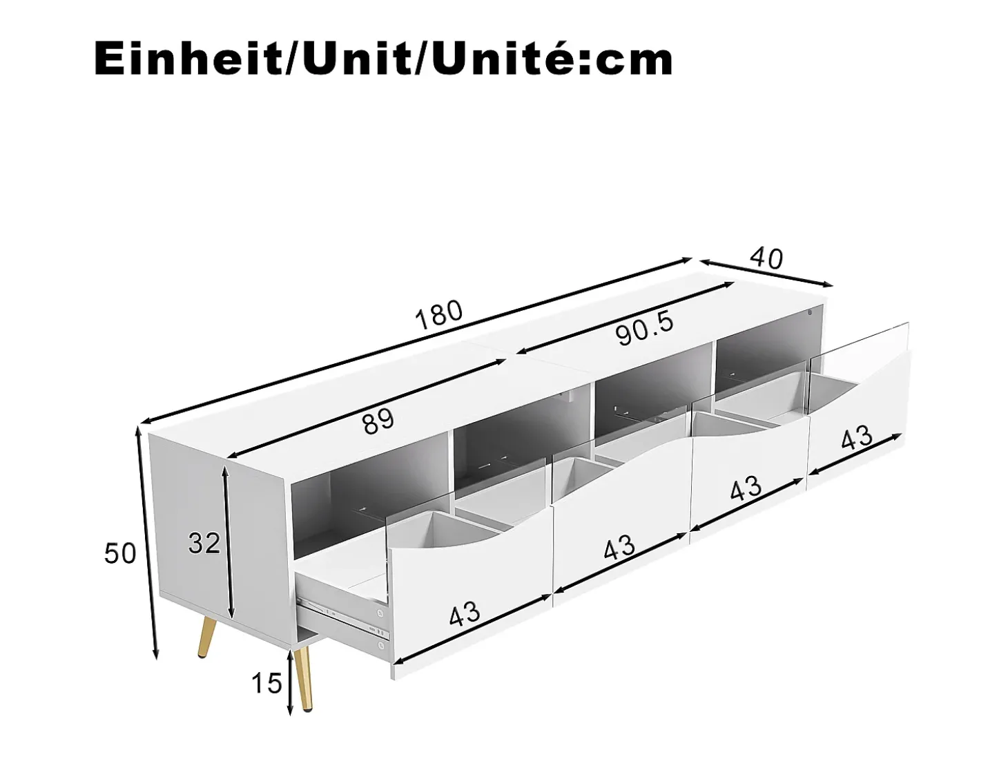 Suporte para TV com 4 portas em vidro, luzes LED, pés em metal, cor branca.