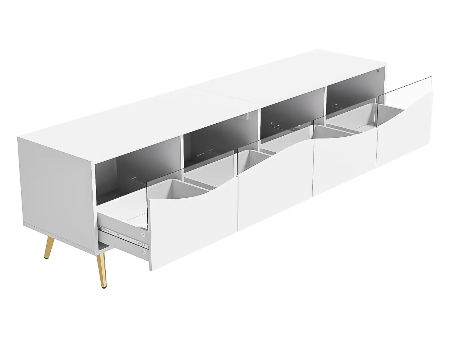 Suporte para TV com 4 portas em vidro, luzes LED, pés em metal, cor branca.