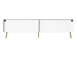 Suporte para TV com 4 portas em vidro, luzes LED, pés em metal, cor branca.