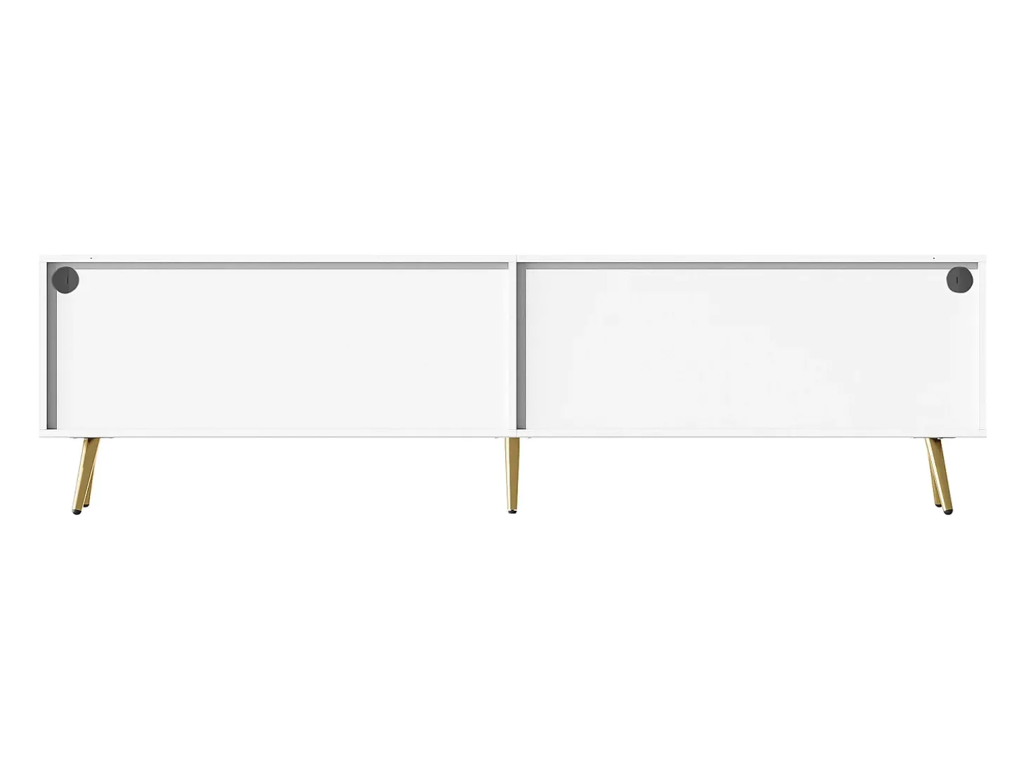 Suporte para TV com 4 portas em vidro, luzes LED, pés em metal, cor branca.