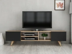 Suporte para TV com 2 portas e 3 prateleiras - Preto e Natural - MOSTIA