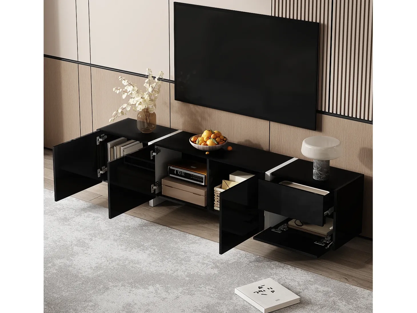 Suporte para TV com 4 portas e 1 gaveta, pés pretos, acabamento brilhante, preto