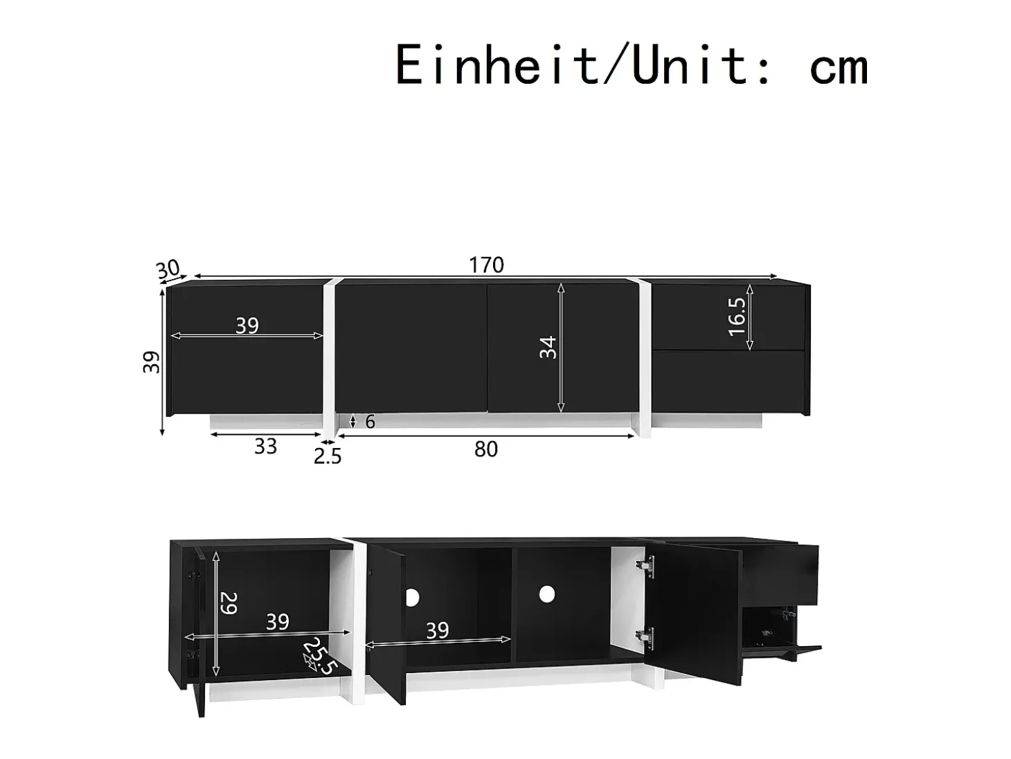 Suporte para TV com 4 portas e 1 gaveta, pés pretos, acabamento brilhante, preto