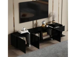 Suporte para TV com 4 portas e 1 gaveta, pés pretos, acabamento brilhante, preto