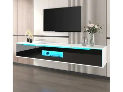 Suporte para TV com acabamento brilhante, em preto e branco, com iluminação LED de mudança de cor.