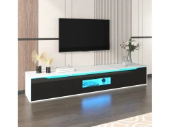 Suporte para TV com acabamento brilhante, em preto e branco, com iluminação LED de mudança de cor.