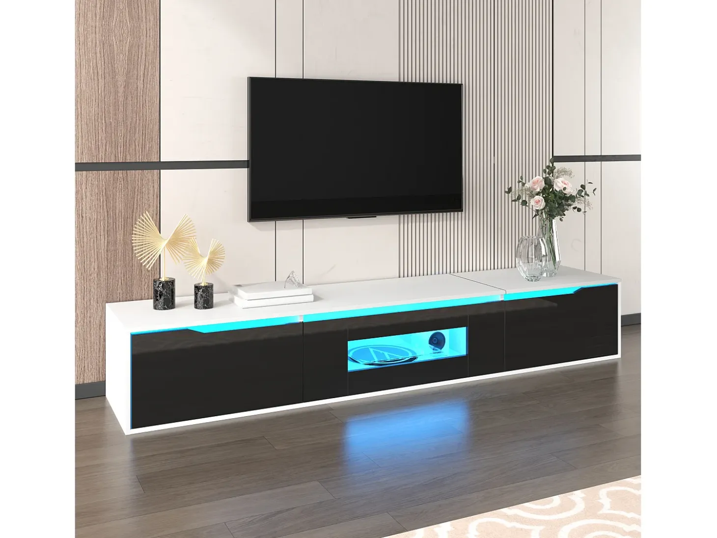 Suporte para TV com acabamento brilhante, em preto e branco, com iluminação LED de mudança de cor.