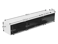 Suporte para TV com acabamento brilhante, em preto e branco, com iluminação LED de mudança de cor.