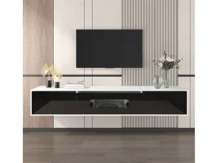 Suporte para TV com acabamento brilhante, em preto e branco, com iluminação LED de mudança de cor.