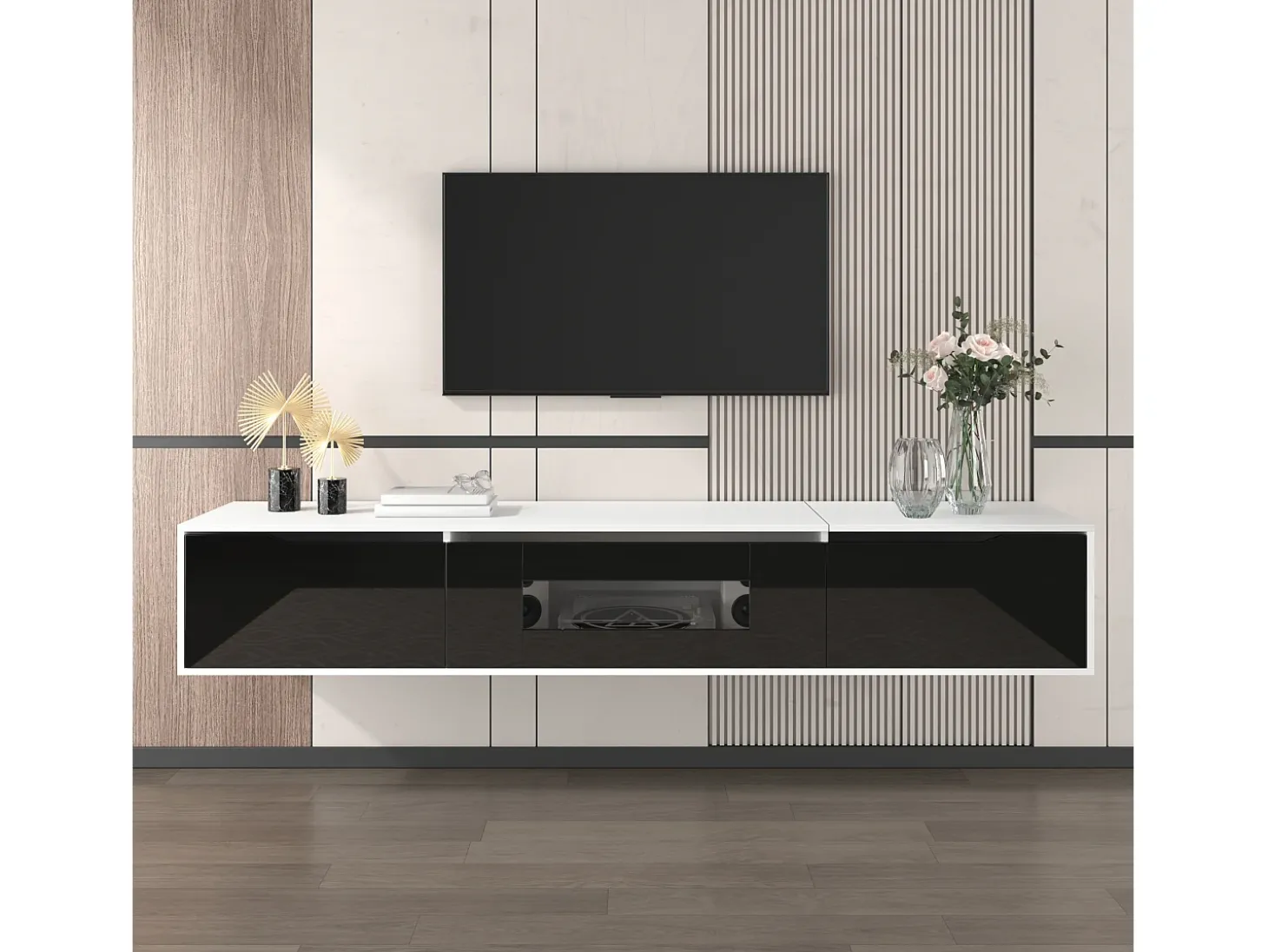 Suporte para TV com acabamento brilhante, em preto e branco, com iluminação LED de mudança de cor.