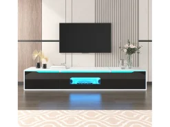 Suporte para TV com acabamento brilhante, em preto e branco, com iluminação LED de mudança de cor.