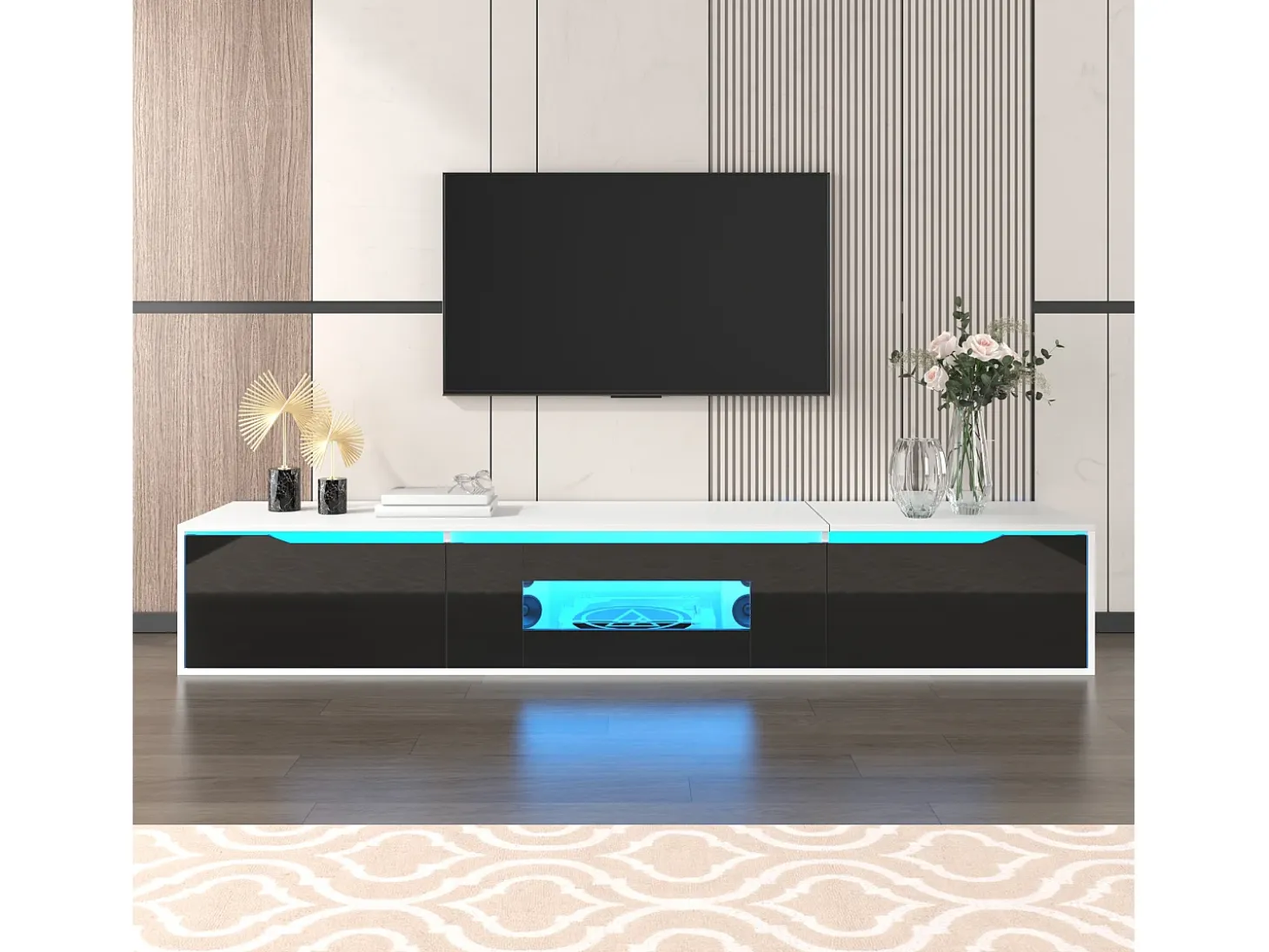 Suporte para TV com acabamento brilhante, em preto e branco, com iluminação LED de mudança de cor.