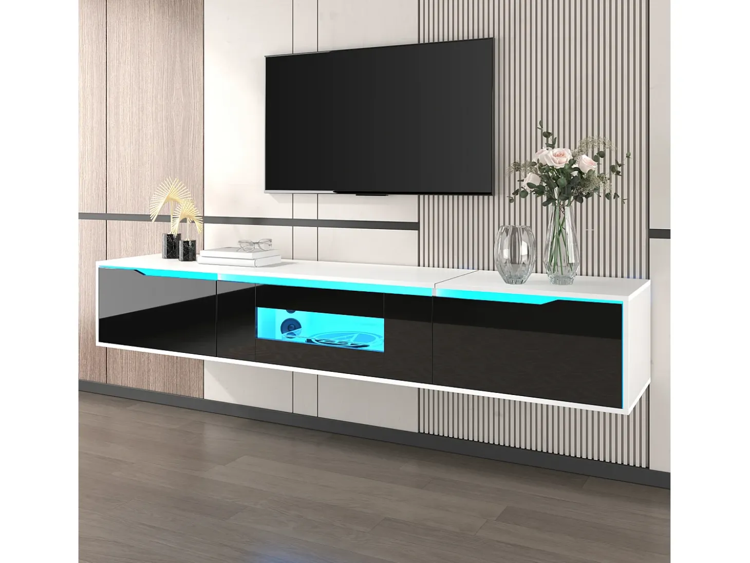 Suporte para TV com acabamento brilhante, em preto e branco, com iluminação LED de mudança de cor.