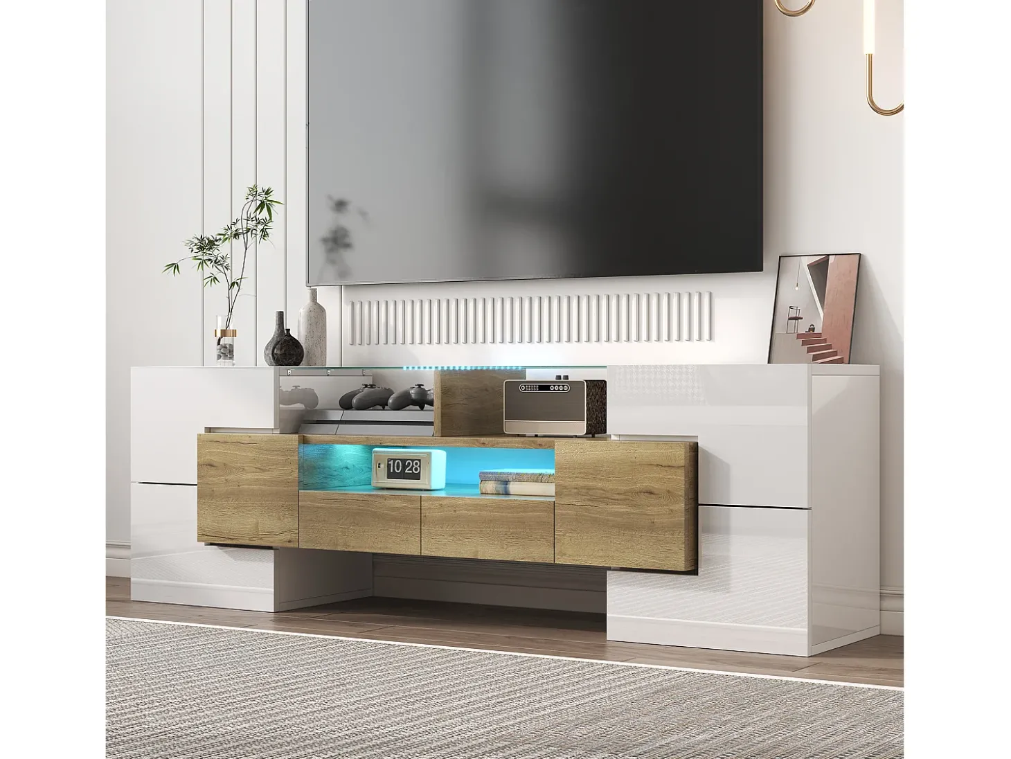 Suporte para TV com alto brilho - Suporte para TV para sala de estar com iluminação LED - 6 portas e 2 gavetas - branco e madeira