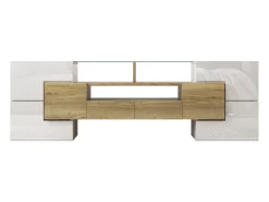 Suporte para TV com alto brilho - Suporte para TV para sala de estar com iluminação LED - 6 portas e 2 gavetas - branco e madeira