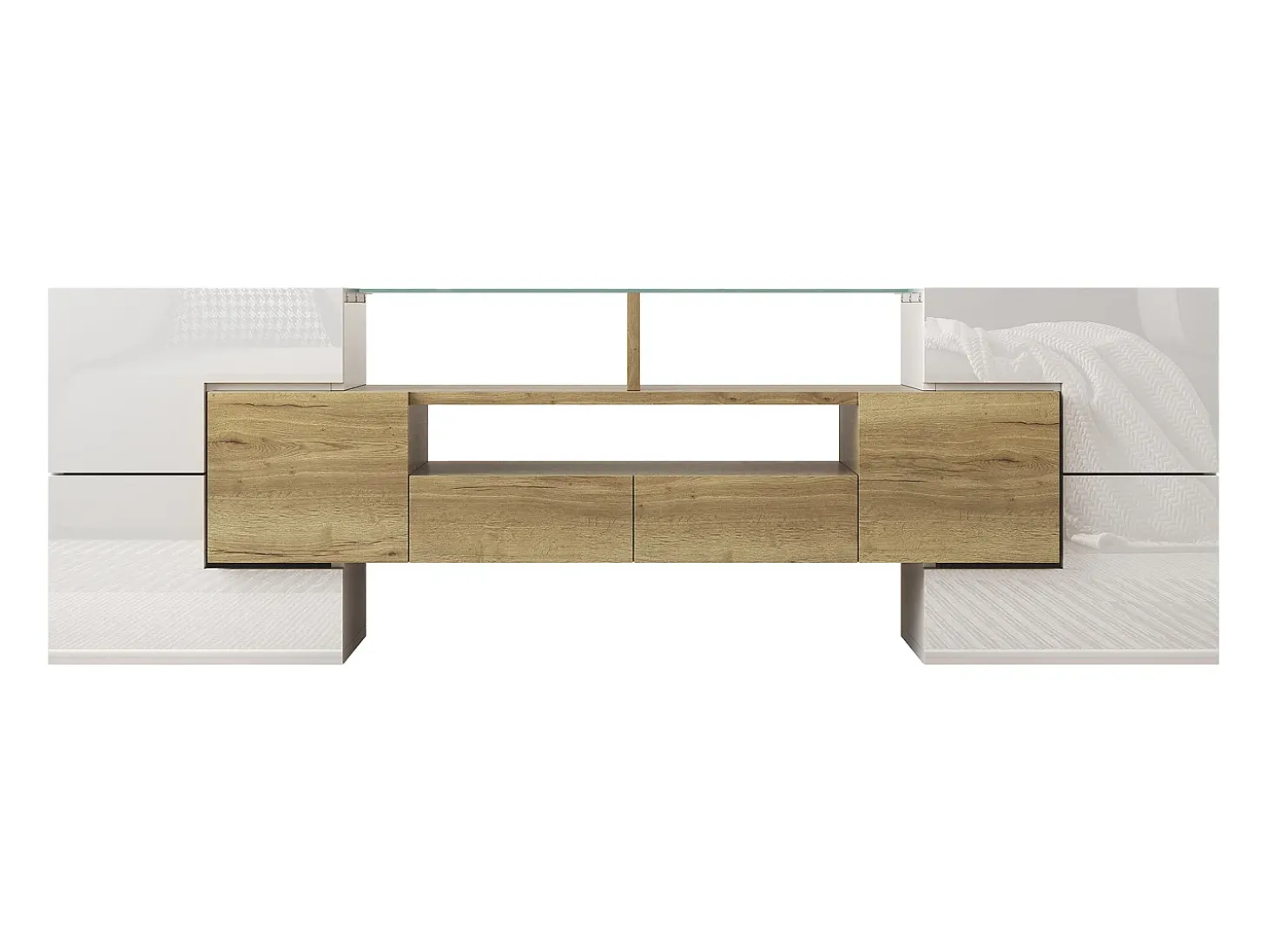 Suporte para TV com alto brilho - Suporte para TV para sala de estar com iluminação LED - 6 portas e 2 gavetas - branco e madeira