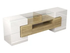 Suporte para TV com alto brilho - Suporte para TV para sala de estar com iluminação LED - 6 portas e 2 gavetas - branco e madeira