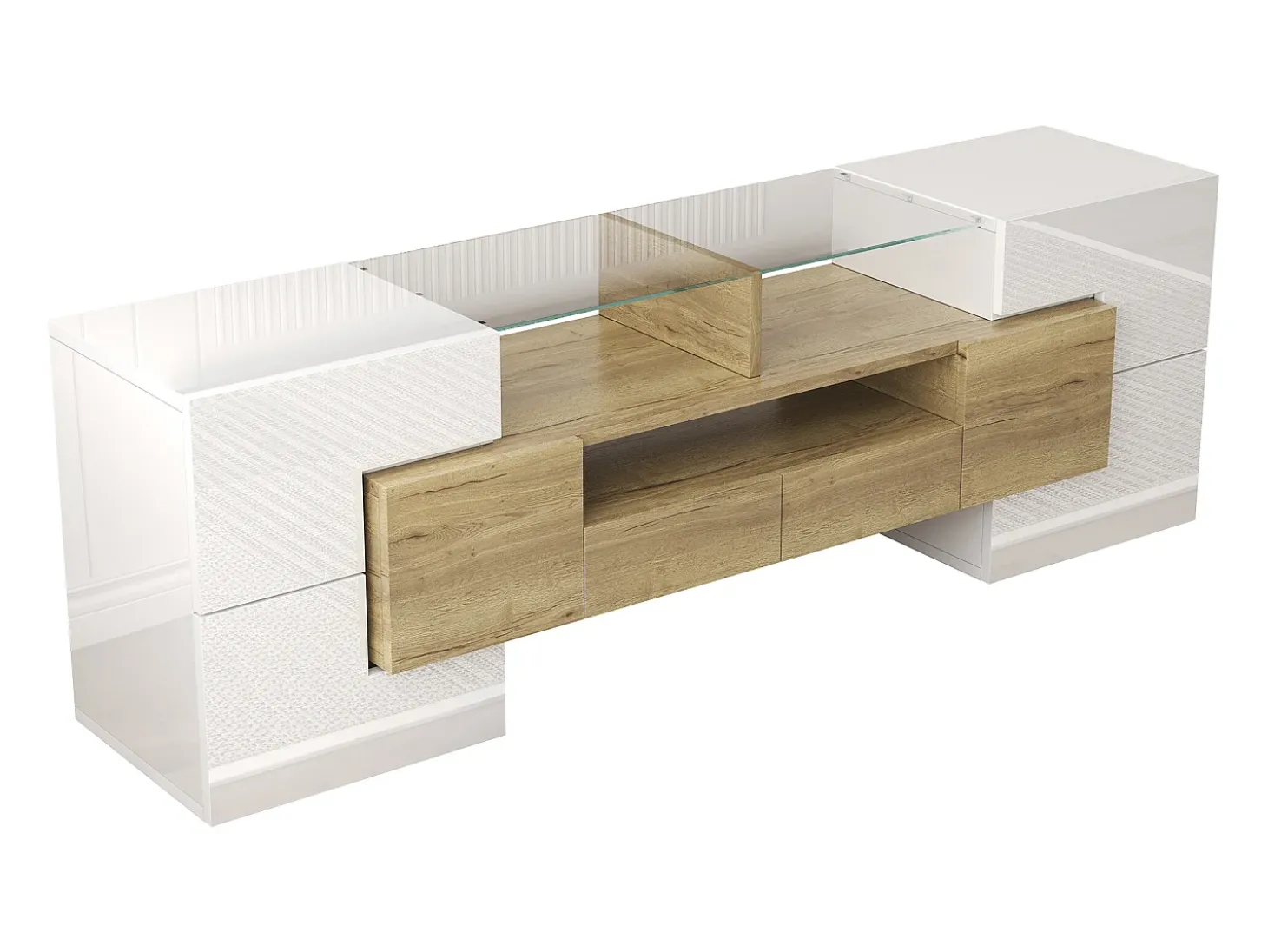 Suporte para TV com alto brilho - Suporte para TV para sala de estar com iluminação LED - 6 portas e 2 gavetas - branco e madeira