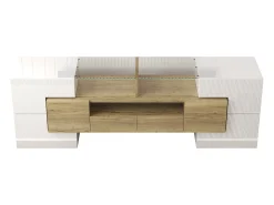 Suporte para TV com alto brilho - Suporte para TV para sala de estar com iluminação LED - 6 portas e 2 gavetas - branco e madeira
