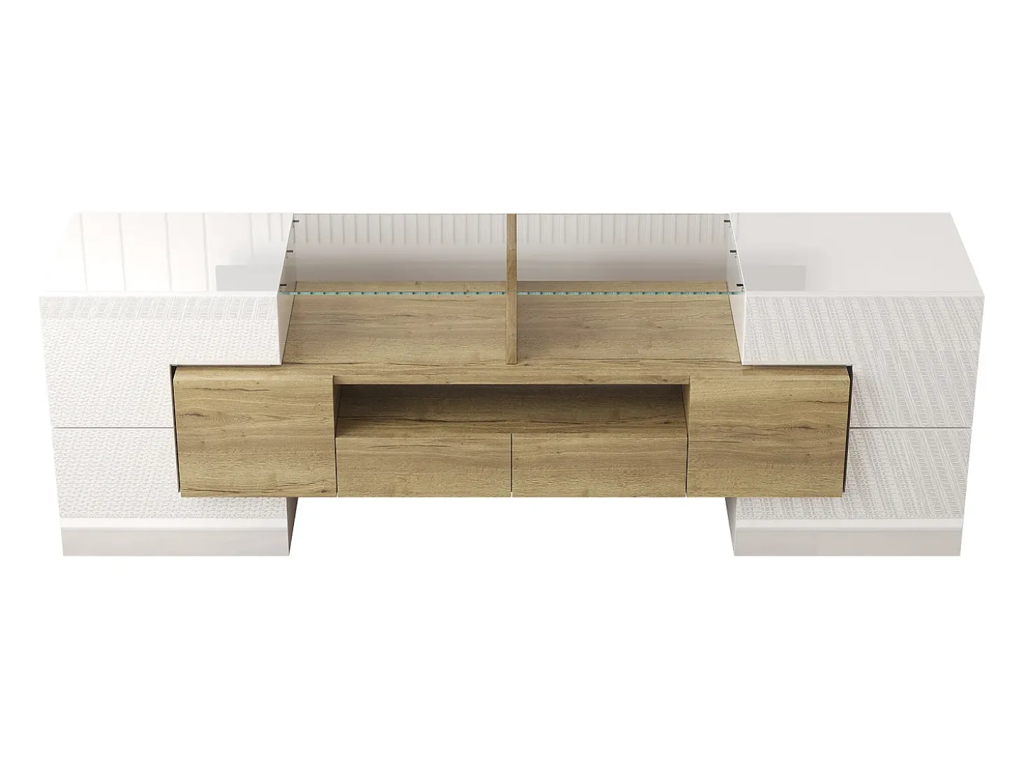 Suporte para TV com alto brilho - Suporte para TV para sala de estar com iluminação LED - 6 portas e 2 gavetas - branco e madeira
