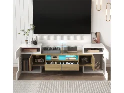 Suporte para TV com alto brilho - Suporte para TV para sala de estar com iluminação LED - 6 portas e 2 gavetas - branco e madeira