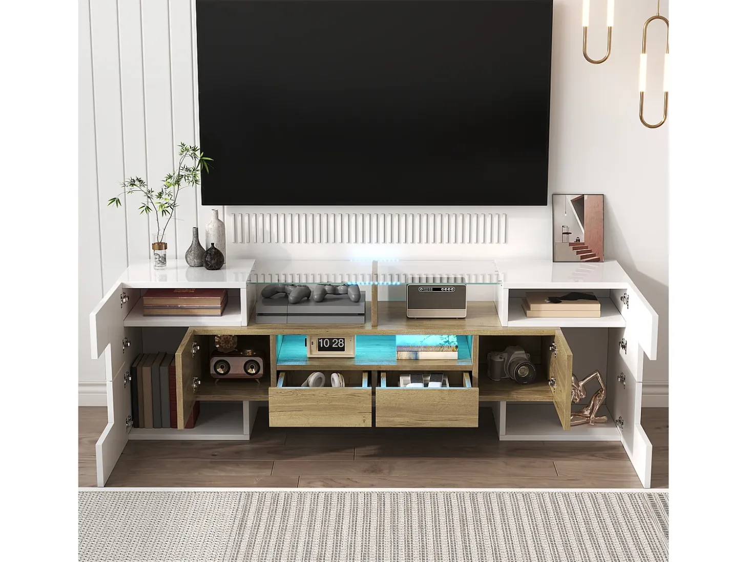 Suporte para TV com alto brilho - Suporte para TV para sala de estar com iluminação LED - 6 portas e 2 gavetas - branco e madeira