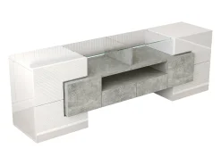 Suporte para TV com alto brilho - Suporte para TV para sala de estar com iluminação LED - 6 portas e 2 gavetas - branco e cinzento