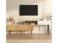 Suporte para TV com altura ajustável, acabamento em madeira e pés de metal preto para sala de estar, Madeira + Branco