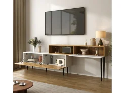Suporte para TV com altura ajustável, acabamento em madeira e pés de metal preto para sala de estar, Madeira + Branco