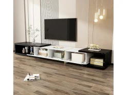 Suporte para TV com comprimento ajustável (140-260 cm), modelo baixo com função giratória, acabamento em mármore, branco