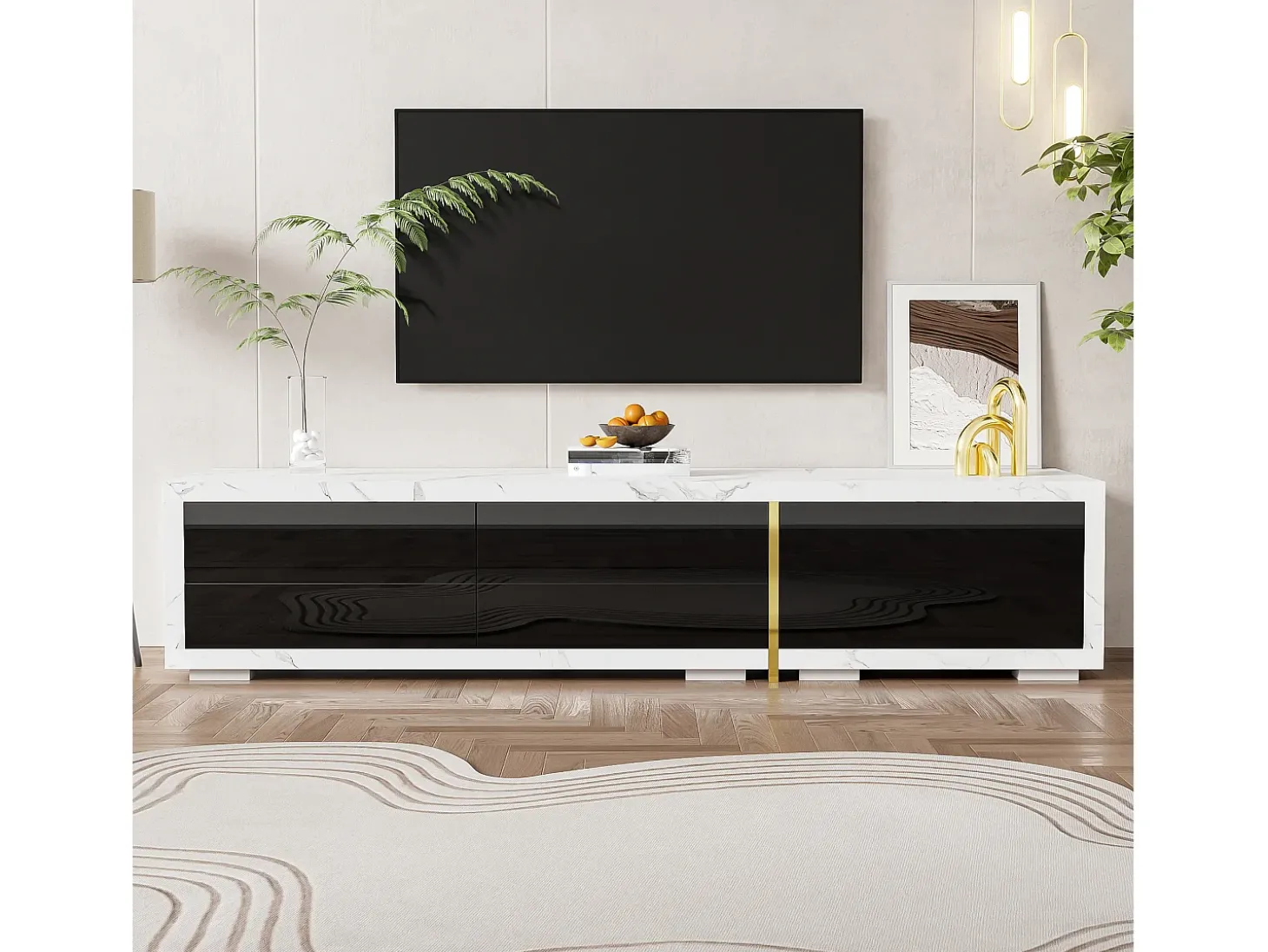 Suporte para TV com comprimento ajustável (140-260 cm), modelo baixo com função giratória, acabamento em mármore, preto.